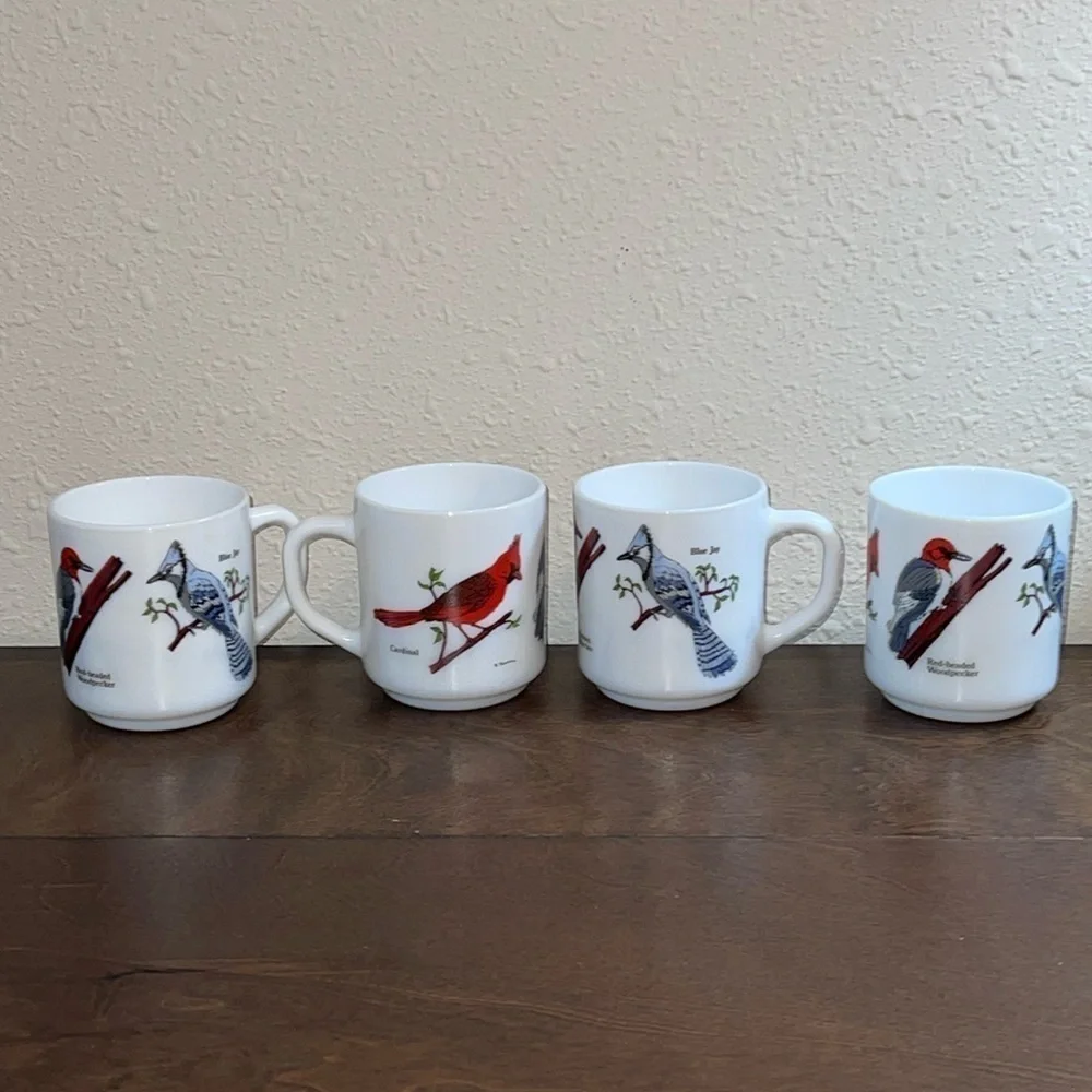 4 cups w/ Cardinals Blue Birds Red headed woodpecker